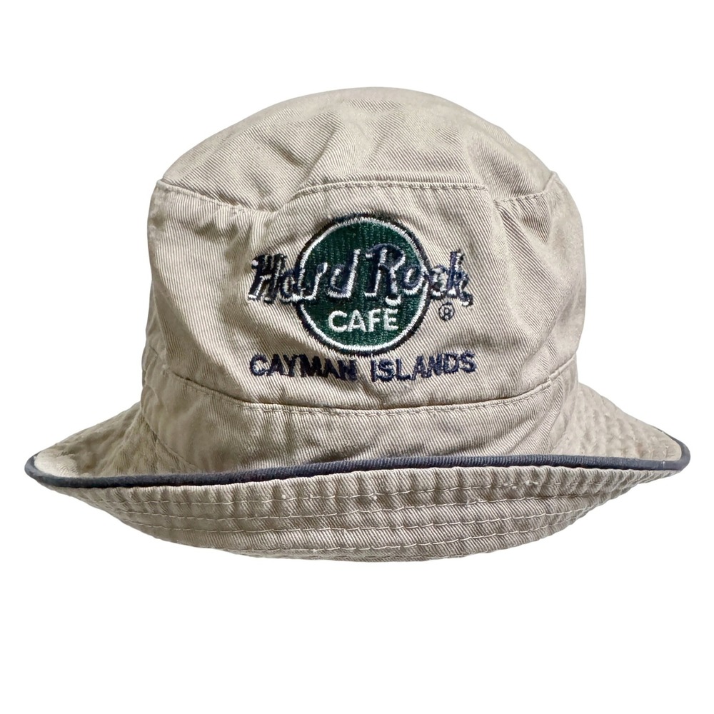 Vintage Y2K Hard Rock Cafe Bucket Hat S/M Tan Cayman Islands Embroidered Cotton